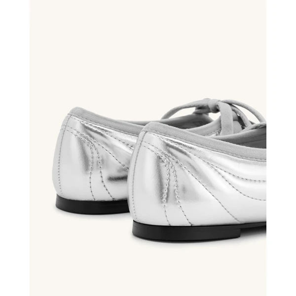 JW PEI Erika Topstitching lace-up Ballet Flats in Silver | Flats | Luxury Shoes 