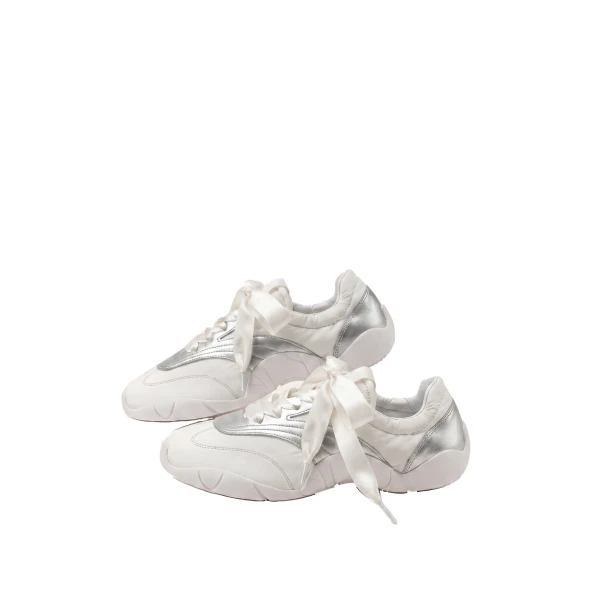 JW PEI Flavia Ribbon Lace Ballerina Sneakers in White Silver | Sneakers | Luxury Shoes 