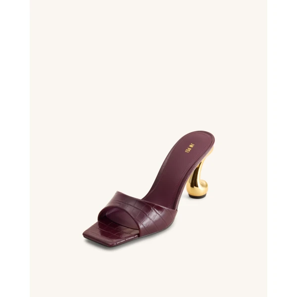 JW PEI Hannah Croc-Embossed Heel Mules in Burgundy | Mules | Luxury Shoes 