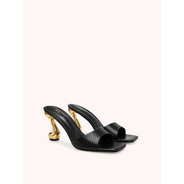 JW PEI Hannah Faux Snakeskin Heel Mules in Black | Mules | Luxury Shoes 