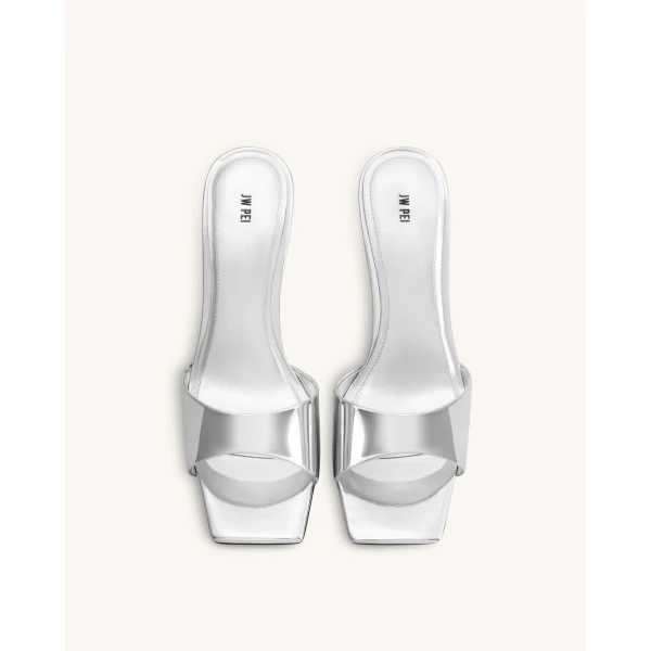 JW PEI Hannah Metallic Faux Vegan Leather Mule Heels in Silver | Mules | Luxury Shoes 