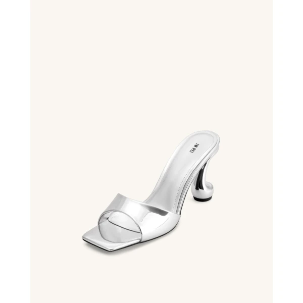 JW PEI Hannah Metallic Faux Vegan Leather Mule Heels in Silver | Mules | Luxury Shoes 