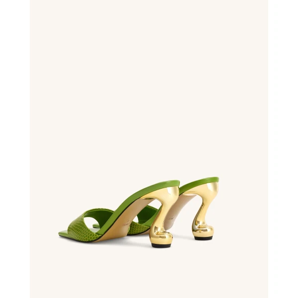JW PEI Hannah Snakeskin Heel Mules in Green | Mules | Luxury Shoes 