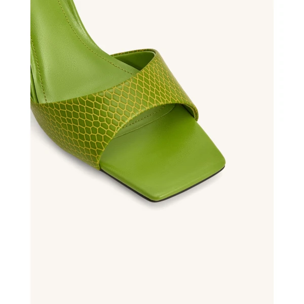 JW PEI Hannah Snakeskin Heel Mules in Green | Mules | Luxury Shoes 