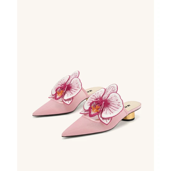 JW PEI Helena Embroidery Decoration Pierced Mules in Pink | Mules | Luxury Shoes 