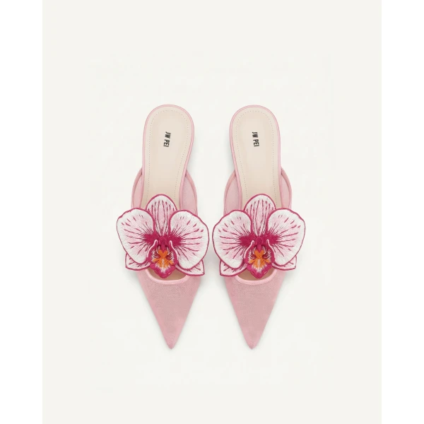 JW PEI Helena Embroidery Decoration Pierced Mules in Pink | Mules | Luxury Shoes 