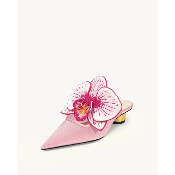JW PEI Helena Embroidery Decoration Pierced Mules in Pink | Mules | Luxury Shoes 