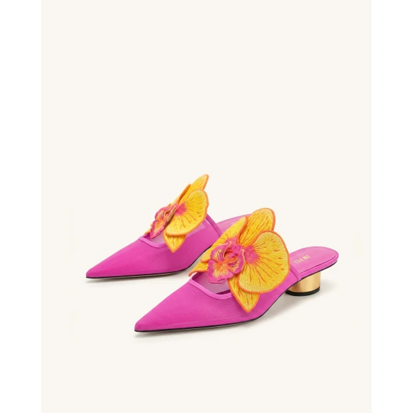 JW PEI Helena Embroidery Decoration Pierced Mules in Rose Red | Mules | Luxury Shoes 