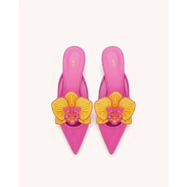 JW PEI Helena Embroidery Decoration Pierced Mules in Rose Red | Mules | Luxury Shoes 
