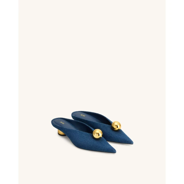 JW PEI Helena Gold Sphere Pointed Toe Mules in Denim Blue | Mules | Luxury Shoes 