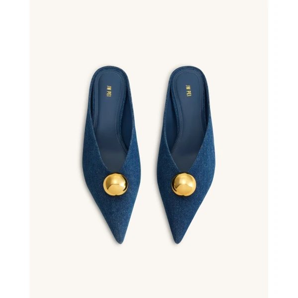 JW PEI Helena Gold Sphere Pointed Toe Mules in Denim Blue | Mules | Luxury Shoes 