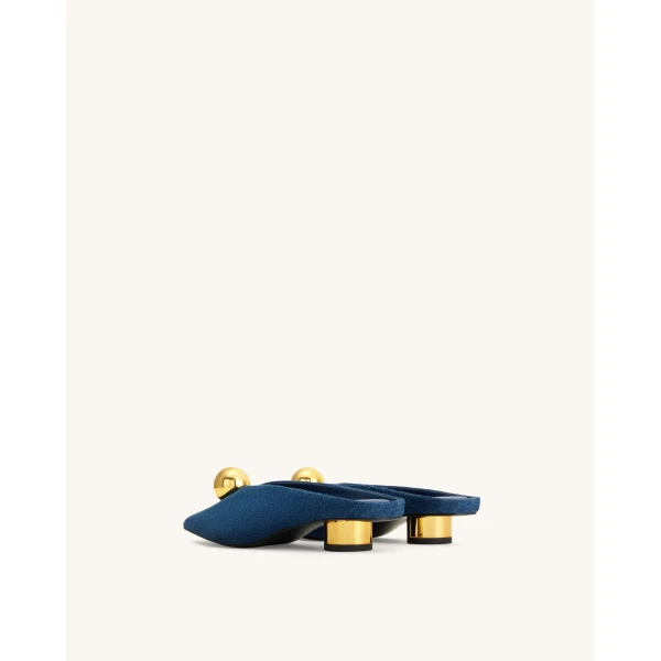 JW PEI Helena Gold Sphere Pointed Toe Mules in Denim Blue | Mules | Luxury Shoes 