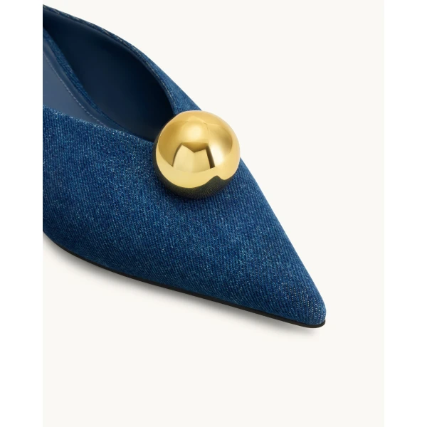 JW PEI Helena Gold Sphere Pointed Toe Mules in Denim Blue | Mules | Luxury Shoes 