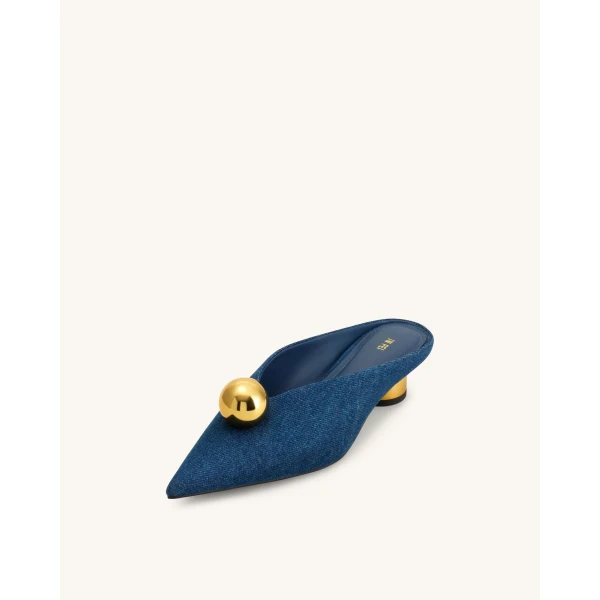 JW PEI Helena Gold Sphere Pointed Toe Mules in Denim Blue | Mules | Luxury Shoes 