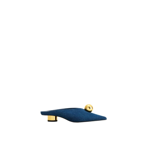 JW PEI Helena Gold Sphere Pointed Toe Mules in Denim Blue | Mules | Luxury Shoes 