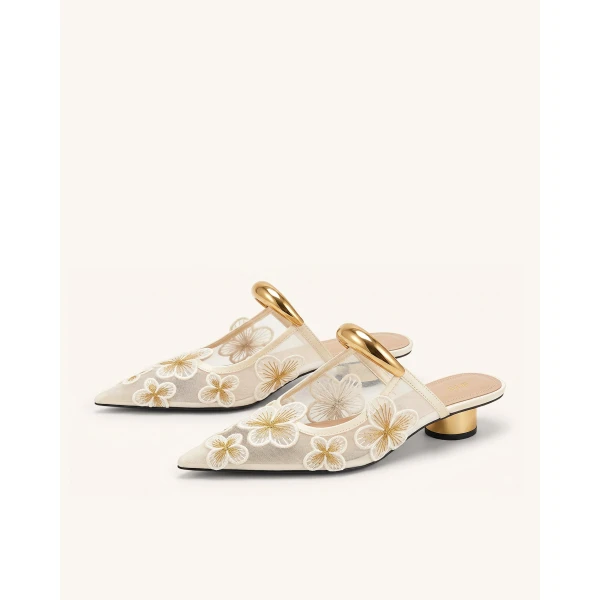 JW PEI Helena Pierced Floral Mesh Mules in Ivory | Mules | Luxury Shoes 