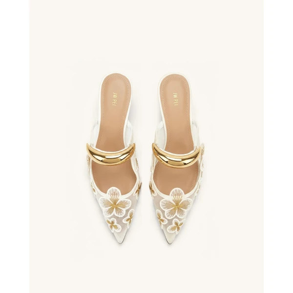 JW PEI Helena Pierced Floral Mesh Mules in Ivory | Mules | Luxury Shoes 