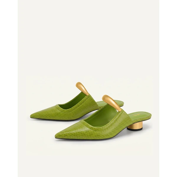 JW PEI Helena Pierced Snakeskin Mules in Green | Mules | Luxury Shoes 