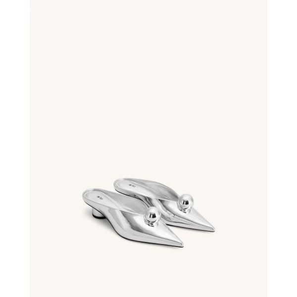 JW PEI Helena Sphere Embellished Pointed Toe Mules in Silver | Mules | Luxury Shoes 