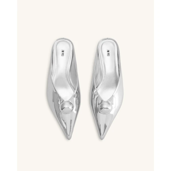 JW PEI Helena Sphere Embellished Pointed Toe Mules in Silver | Mules | Luxury Shoes 