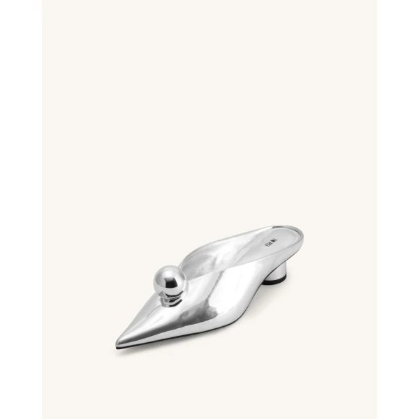 JW PEI Helena Sphere Embellished Pointed Toe Mules in Silver | Mules | Luxury Shoes 