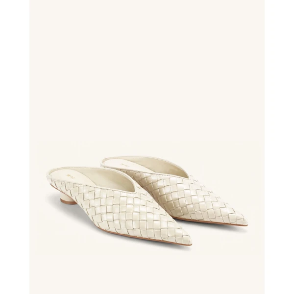 JW PEI Helena Woven Textured Pointed Toe Mules in Beige | Mules | Luxury Shoes 