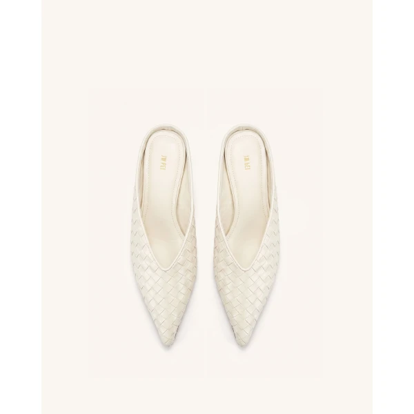 JW PEI Helena Woven Textured Pointed Toe Mules in Beige | Mules | Luxury Shoes 