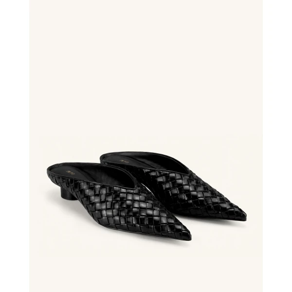 JW PEI Helena Woven Textured Pointed Toe Mules in Black | Mules | Luxury Shoes 