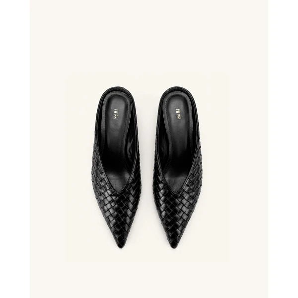 JW PEI Helena Woven Textured Pointed Toe Mules in Black | Mules | Luxury Shoes 