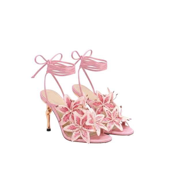 JW PEI Isadora Lily Floral Lace-Up Stiletto Sandals in Pink | Sandals | Luxury Shoes 