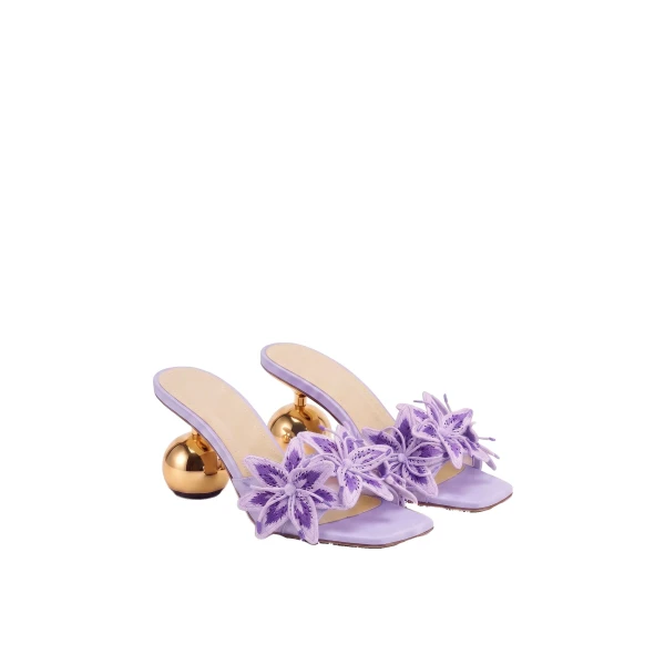 JW PEI Isadora Lily Floral Sculptural-Heel Mules in Lavender | Mules | Luxury Shoes 