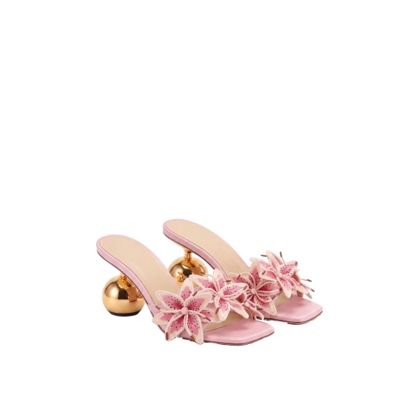 JW PEI Isadora Lily Floral Sculptural-Heel Mules in Pink | Mules | Luxury Shoes 