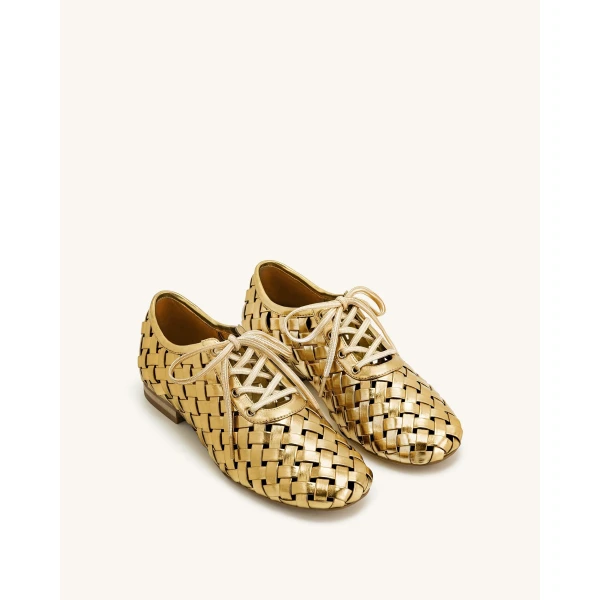 JW PEI Kayla Weave Strap Flat Shoes in Gold | Flats | Luxury Shoes 