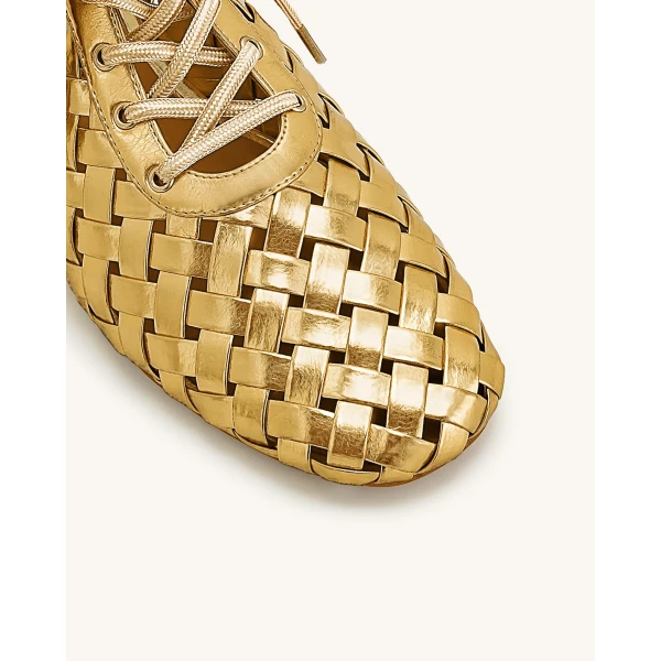 JW PEI Kayla Weave Strap Flat Shoes in Gold | Flats | Luxury Shoes 