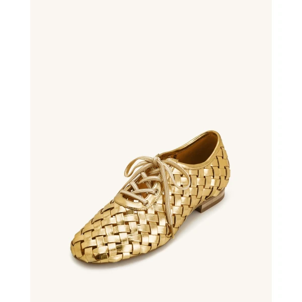 JW PEI Kayla Weave Strap Flat Shoes in Gold | Flats | Luxury Shoes 