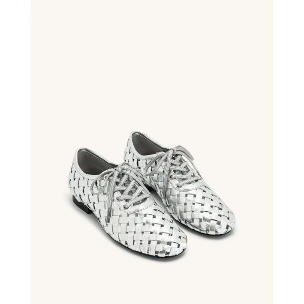 JW PEI Kayla Weave Strap Flat Shoes in Silver | Flats | Luxury Shoes 