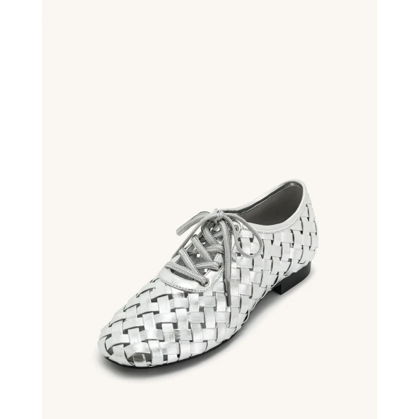 JW PEI Kayla Weave Strap Flat Shoes in Silver | Flats | Luxury Shoes 