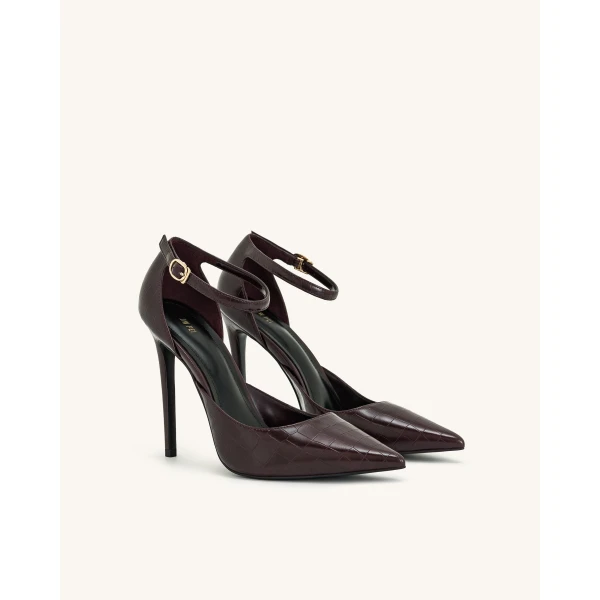 JW PEI Leah Croc-Embossed Ankle Strap Heels in Burgundy | Heels | Luxury Shoes 