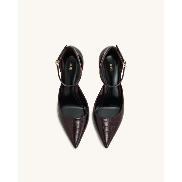 JW PEI Leah Croc-Embossed Ankle Strap Heels in Burgundy | Heels | Luxury Shoes 