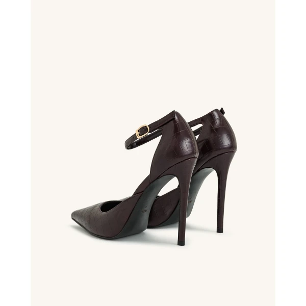 JW PEI Leah Croc-Embossed Ankle Strap Heels in Burgundy | Heels | Luxury Shoes 