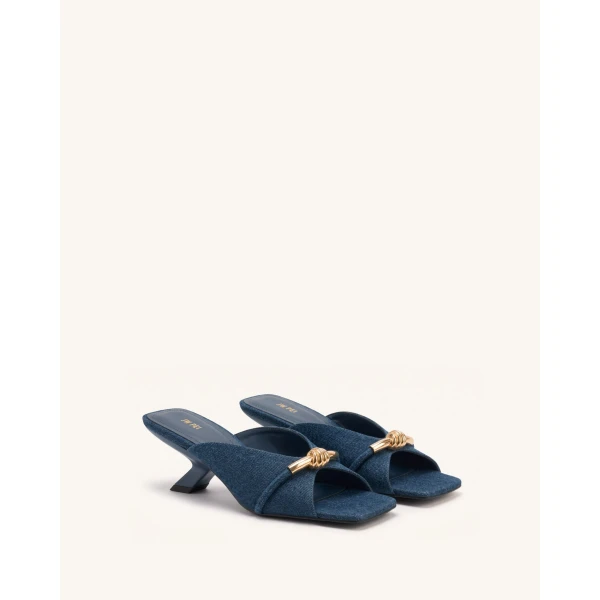 JW PEI Lena Metal Rope Knot Denim Cross-Strap Heeled Sandals in Denim Blue | Sandals | Luxury Shoes 