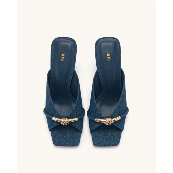 JW PEI Lena Metal Rope Knot Denim Cross-Strap Heeled Sandals in Denim Blue | Sandals | Luxury Shoes 