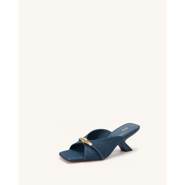 JW PEI Lena Metal Rope Knot Denim Cross-Strap Heeled Sandals in Denim Blue | Sandals | Luxury Shoes 