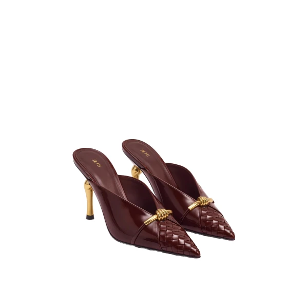 JW PEI Lena Metal Rope Knot Woven Panel Mules in Burgundy | Mules | Luxury Shoes 