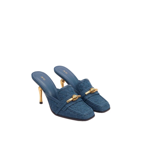 JW PEI Lena Metal Rope Knot Woven Square Toe Mules in Denim Blue | Mules | Luxury Shoes 