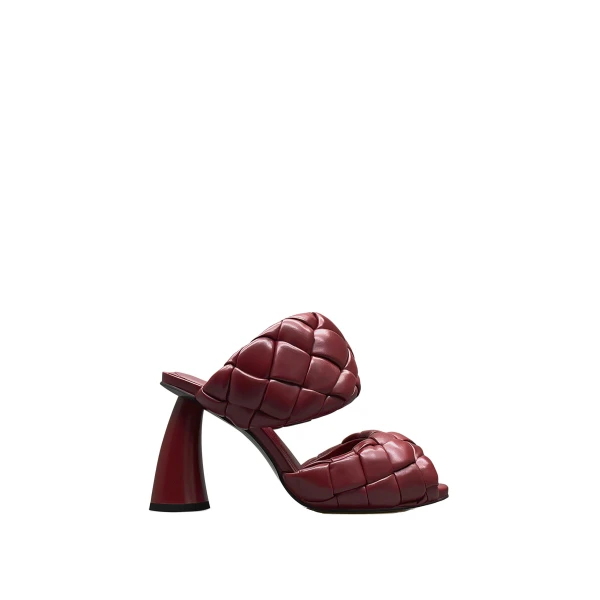 JW PEI Lillian Weave Vegan Leather Heel Mules in Burgundy | Mules | Luxury Shoes 