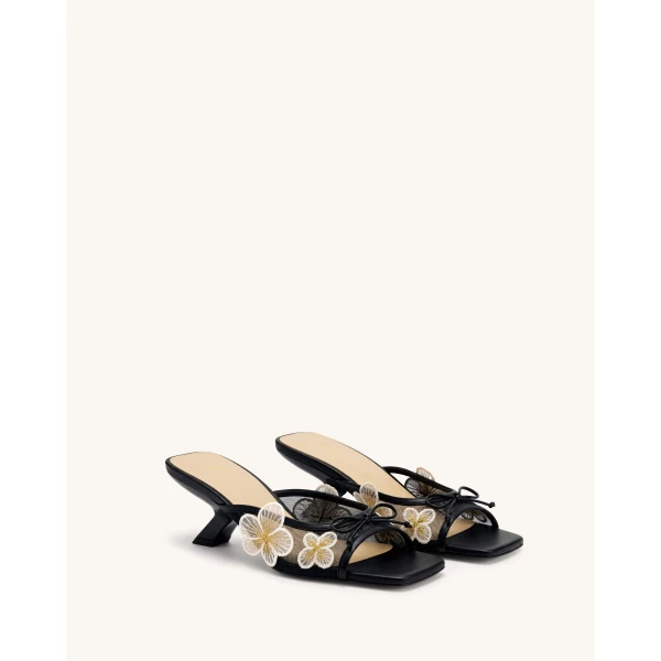 JW PEI Mireille Bow Floral Embroidered Applique Mesh Heeled Sandals in Black | Sandals | Luxury Shoes 