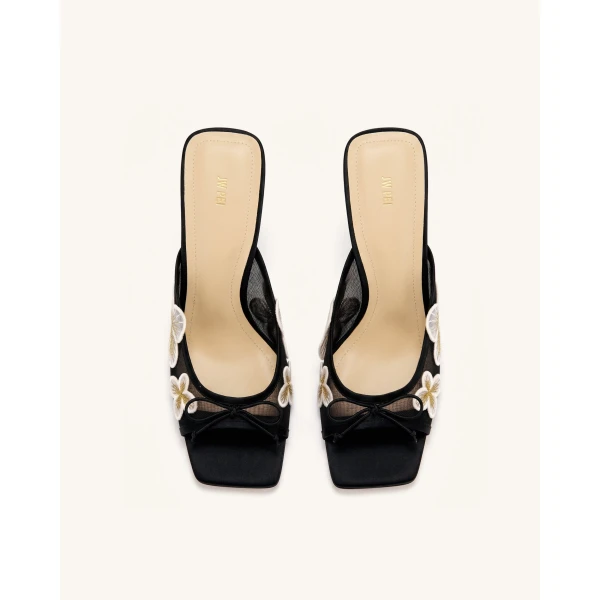 JW PEI Mireille Bow Floral Embroidered Applique Mesh Heeled Sandals in Black | Sandals | Luxury Shoes 