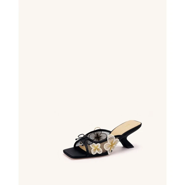 JW PEI Mireille Bow Floral Embroidered Applique Mesh Heeled Sandals in Black | Sandals | Luxury Shoes 