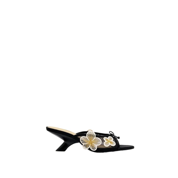 JW PEI Mireille Bow Floral Embroidered Applique Mesh Heeled Sandals in Black | Sandals | Luxury Shoes 